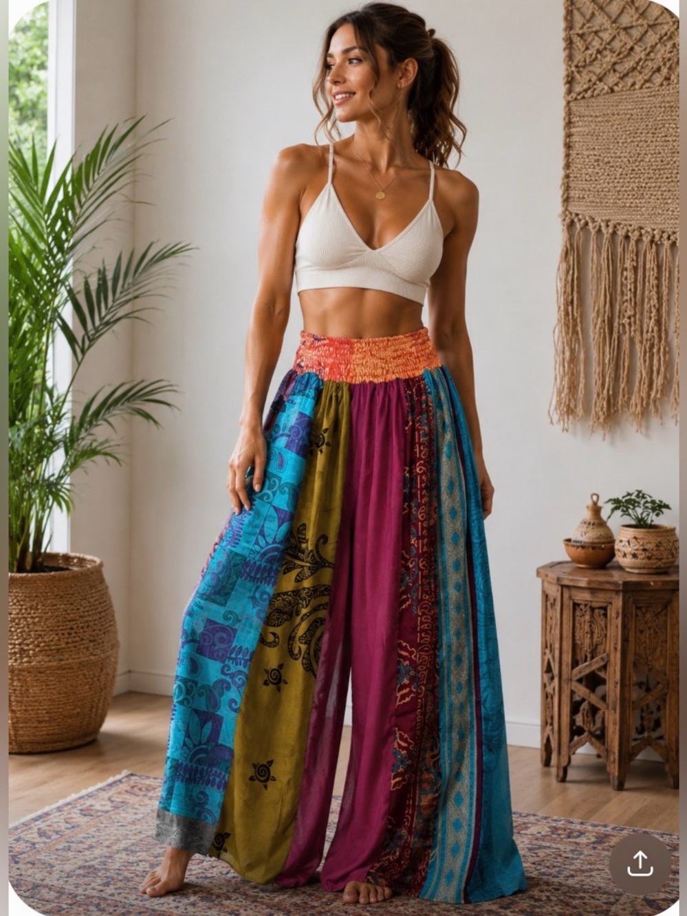 New POL Multi-Panel Boho Palazzo Pants with Coral Smocked Waist